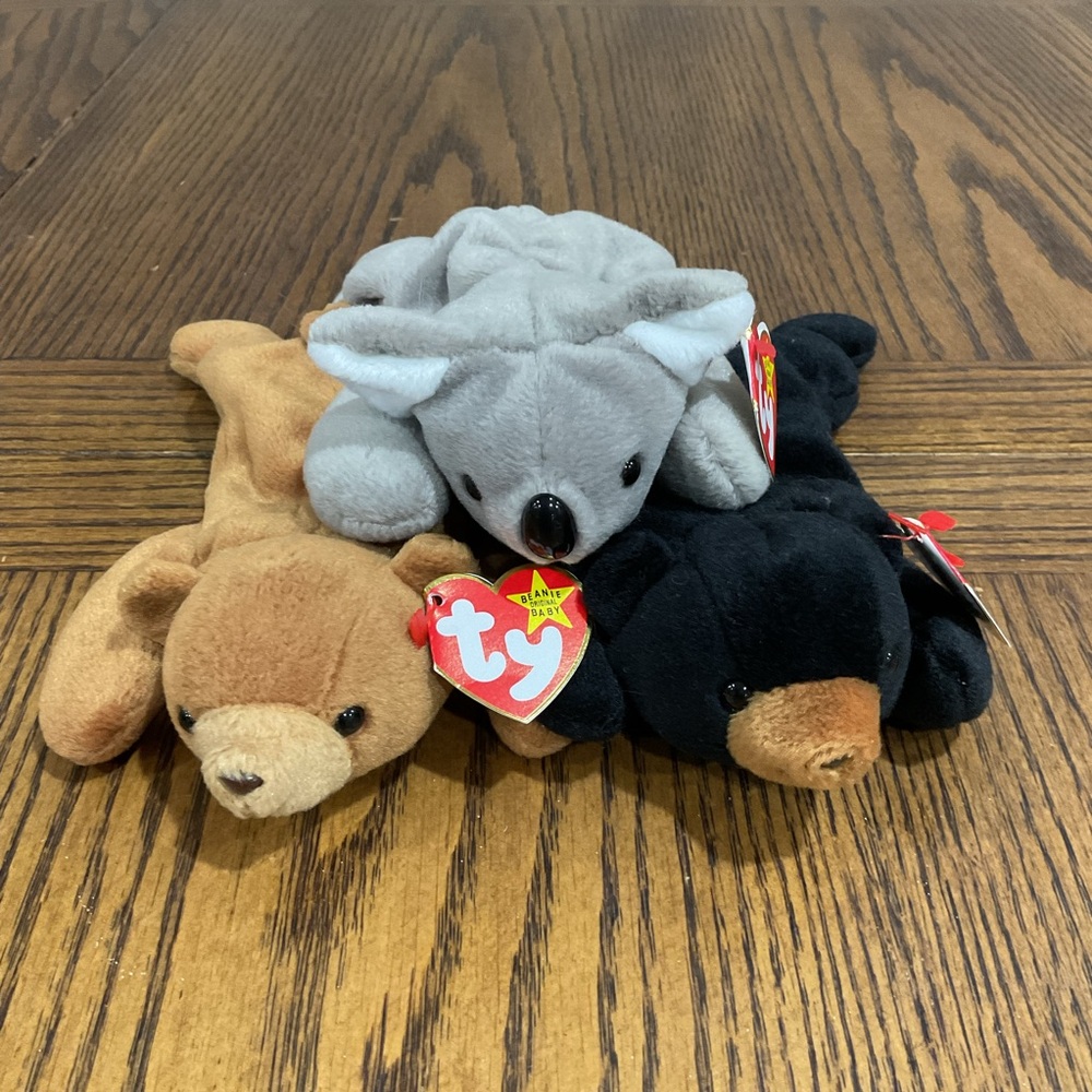 Ty Beanie Babies Plush Bear Trio: Koala Mel, Blackie & Cubbie